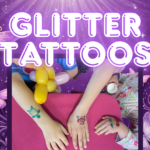 glitter tattoo artist applying star design at kids’ party