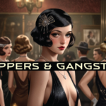 Flapper girl and gangster posing together at a themed party