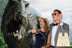 party guests posing for green screen photo with godzilla