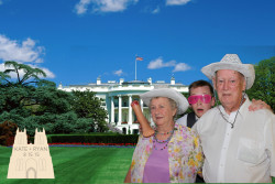 party guests posing for green screen photo in front of white house