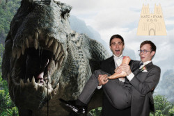 party guests posing for green screen photo with godzilla