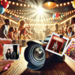 Guests posing with fun props in a themed photo booth at an event