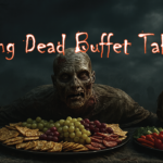 Spooky living dead buffet table with eerie decorations